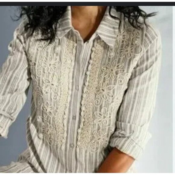 Soft Surroundings Blouse Womens M Embroidered Beaded Floral Striped Cotton Tunic - Picture 1 of 12